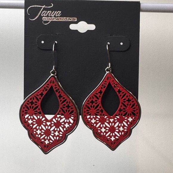 Red and Silver Teardrop Earrings with Intricate Cutout Design 2.25 inch - Picture 3 of 4